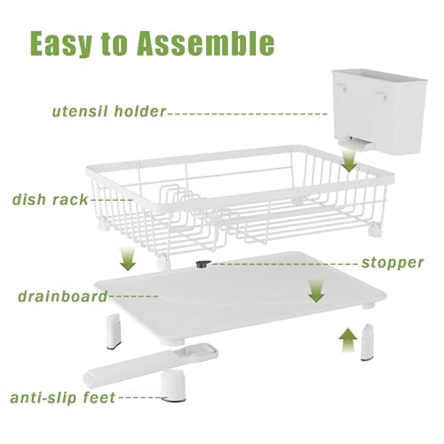 Dish Drainer Rack with Drip Tray, Sink Dish Drainer with Drainage Spout, Stainless Steel Dish Drying Rack with Cups, Utensil & Cutting Board Holders for Kitchen Counter Space-Saving, White - color: White