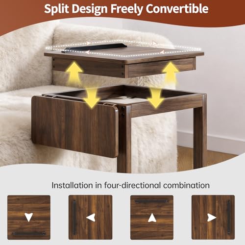 C Shaped End Table for Couch, C Side Table with Convertible Desktop, Folding Tray & Lockable Wheels, 360 Swivel TV Tray Table, Couch Tables That Slide Under, for Living Room, Bedroom, Sofa, Walnut