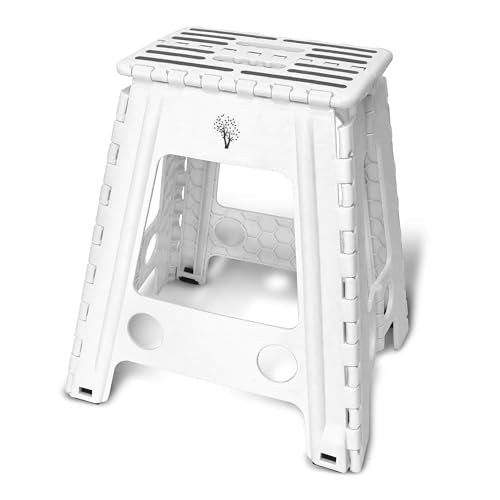 Inspired Living 18" Step Stool, Folding Step Stools for Adults, Plastic Foldable Step Stools Kids, Holds Up to 330 lbs, Collapsible Folding Stool for Kitchen, Bathroom, Bedroom (White Black, 18" High) - color: White Black, size: 18" High