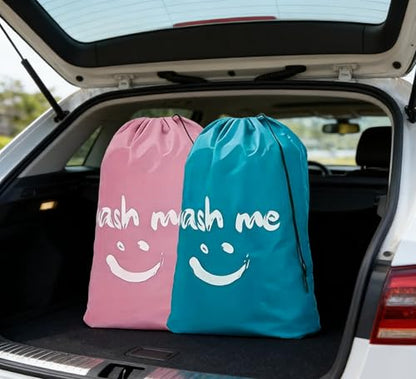 2 Pack XL Travel Laundry Bag, Dirty Clothes Organizer with Drawstring, Large Enough to Hold 4 Loads of Laundry， Easy Fit a Laundry Hamper or Basket，24" x 36" - color: Sky Blue+Pink