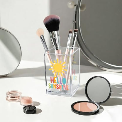 Hello Sunshine Acrylic Cosmetic Pencil Pen Holder Cup, Inspirational Sunshine Desk Organizer Accessories for Home Office Decor, Motivational Appreciation Gifts for Coworker Teacher Secretary - style: Hello Sunshine