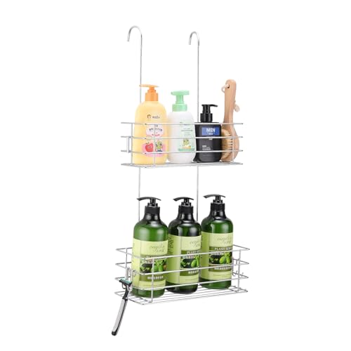 Hanging Shower Rack Shower Caddy with Rotatable Hook bar Over the Door and Can be Hung on the Faucet or Claw Foot, 304 Stainless Steel Rust Proof and Durable (Double-Layer) - color: Silver, size: 2-Tier