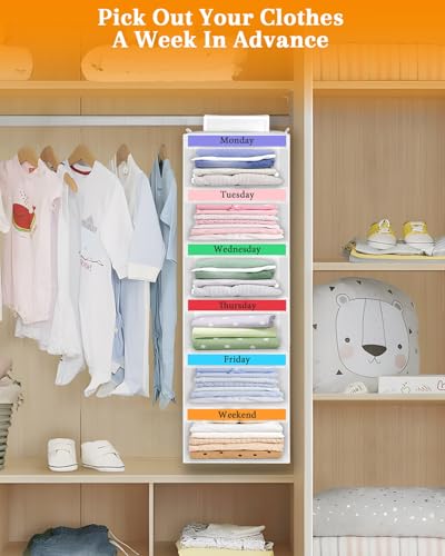 punemi Weekly Clothes Organizer for Kids, 6-Shelf Hanging Closet Storage with Side Pockets, Days of The Week Design, 11.8" x 11.8" x 37.8", Perfect for Organizing a Week's Worth of Kids' Clothing