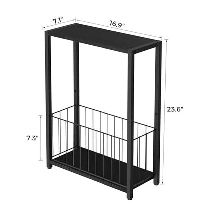 Homleke Narrow Side Tables Set of 2 with Magazine Holder, Skinny End Tables Perfect for Small Spaces, Space-Saving Design for Living Room, Bedroom, or Office, 7.1" D x 16.9" W x 23.6" H, Black - color: Black - Standard