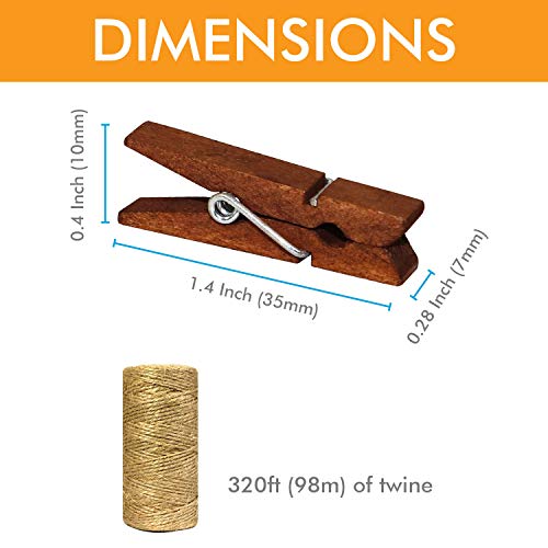 Mini Natural Wooden Clothespins with Jute Twine, 100pcs, 1.4 Inch Photo Paper Peg Pin Craft Clips with 320ft Natural Twine for Scrapbooking, Arts & Crafts, Hanging Photos (Rustic Brown) - color: Rustic Brown