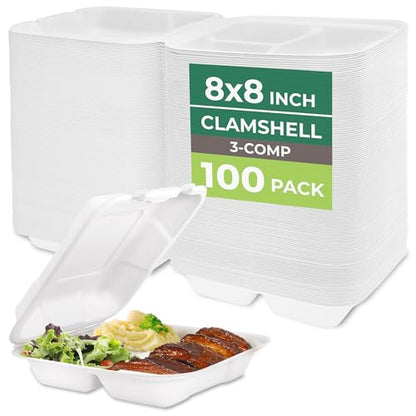 Freshware Clamshell Food Containers with Lids [8x8"] 3-Compartment 100-Pack, Disposable To Go Containers, Biodegradable Sugarcane To Go Boxes - Paper Container - Microwave & Freezer Safe, Stackable - size: 8 x 8 Inch, 100 Pack