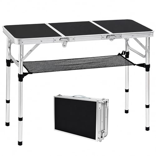 YUFIFAIRY Small Folding Table 3 Foot, Portable Camping Table with Mesh Holders,Lightweight Aluminum Adjustable Height, with Carry Handle for Camping Picnic Indoor Outdoor 36 x 16 x27.5(Black) - color: Black, size: 35''L x16''Wx27"H