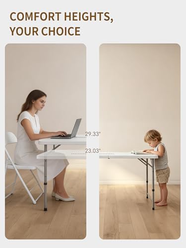 Folding Camping Table 4 Foot Adjustable Height 350lbs, 4FT Folding Picnic Card Table for Outdoor, Plastic Rectangular Dining Work Tables for Indoor, Heavy Duty Fold-in-Half Tray Tables - size: 4 FT