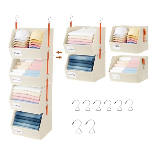 4 Pcs Modular Closet Organizer - Detachable & Foldable Hanging Storage Cubes, 88L Total Capacity, Heavy Duty Fabric Shelves for Wardrobe, Closet Organization, RV, Dorm, Beige - color: Beige