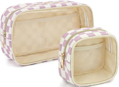 Fammart Clear Travel Makeup Bag for Women, TSA Approved Checkered Cosmetic Bag Make Up Car Organizer Case with Zipper, Large Waterproof Pouch Purse Toiletry Bag for Skincare, Brushes Travel Essentials - color: Clear, 2PCS - Dusty Pink Checkered