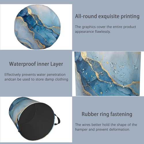 Blue Gold Marble Laundry Basket,Foldable with Handles Tote Bag Oxford Cloth for Bathroom Bedroom Dirty Clothes Storage Bucket 16" x 20.8" - color: Blue Gold Marble