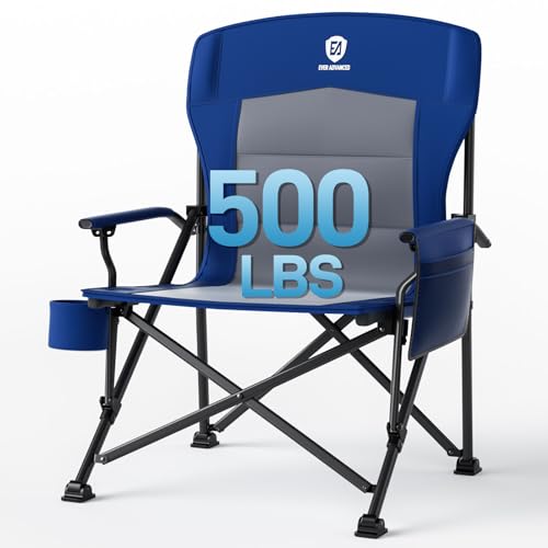 EVER ADVANCED Oversized Folding Camping Chair, for Adults Heavy Duty Lawn Chair with Side Pockets, Portable Collapsible Quad Chair for Outside, Support Up to 500lbs, Blue - color: Blue