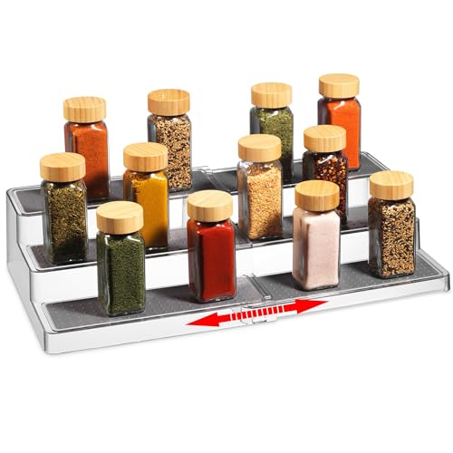 Oizeir Expandable Spice Organizer Rack - 3-Tier - Clear Adjustable Tiered Shelf Spices Organization for Kitchen Cabinet and Pantry Storage - color: Clear, size: 1-Pack