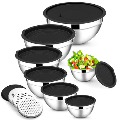 E-far Mixing Bowls with Lids Set, 7-Piece Stainless Steel Metal Mixing Bowls with 3 Grater Attachments, Size 4.6, 3.5, 2.6, 2, 1.5, 1, 0.7QT, Nesting Design & Black Airtight Lids, For Baking/Cooking - color: Black, size: 7 Regular Sizes