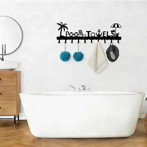 Large Pool Towel Rack (32 Inch), Outdoor Towel Rack for Pool, Wall Mounted Towel Holder Towel Hanger with 10 Hooks, Carbon Steel Towel Organizer Pool Signs and Decor for Bathrobes, Towels, Clothes