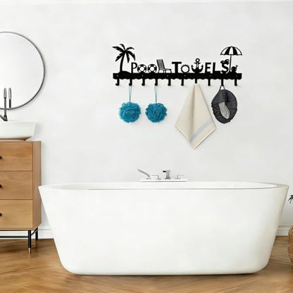 Large Pool Towel Rack (32 Inch), Outdoor Towel Rack for Pool, Wall Mounted Towel Holder Towel Hanger with 10 Hooks, Carbon Steel Towel Organizer Pool Signs and Decor for Bathrobes, Towels, Clothes