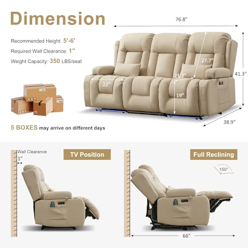 URRED Power Loveseat Recliner Sofa with Massage and Heat, Wall Hugger Reclining Loveseat with Console, RV Couch Home Theater Seating with LED Lights for Living Room (Beige, 76.8" - 3 Seats) - color: Beige, size: 76.8" - 3 Seats