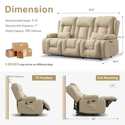 URRED Power Loveseat Recliner Sofa with Massage and Heat, Wall Hugger Reclining Loveseat with Console, RV Couch Home Theater Seating with LED Lights for Living Room (Beige, 76.8" - 3 Seats) - color: Beige, size: 76.8" - 3 Seats
