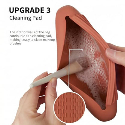 AGIKET Silicone Makeup Brush Holder Travel Cosmetic Bag：Soft Portable Cosmetic Face Brushes Holder with Upgrade Anti-Fall Out Magnetic Closure, Large Travel Makeup Brush Case - Brown - color: Brown, style: Brush Holder
