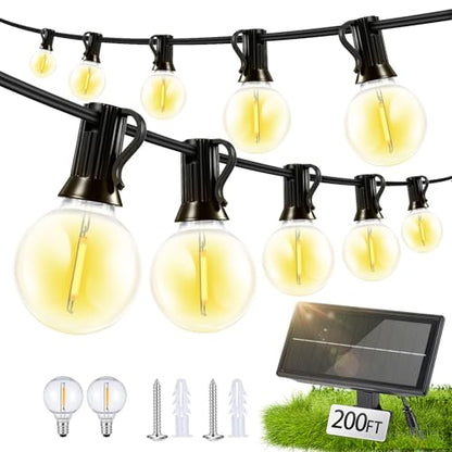 Solar Lights Outdoor Waterproof: G40 60M 200FT Shatterproof Bulbs Patio Lights - Solar Powered 3 Light Modes Solar Light - Camping Backyard Garden Deck Outside Yard - size: 200FT