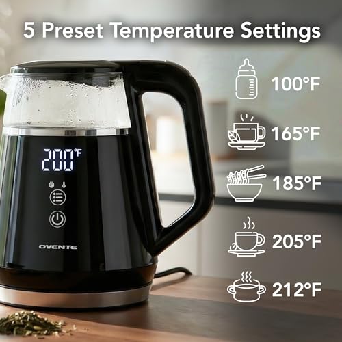 OVENTE 1L Small Electric Kettle with 5 Temperature Preset, Digital Display, 5Hr Keep Warm, Auto Shut-Off, Double-Wall Cool Touch Exterior, Borosilicate Glass,1500W BPA Free Water Boiler, Black KD95B - color: Black