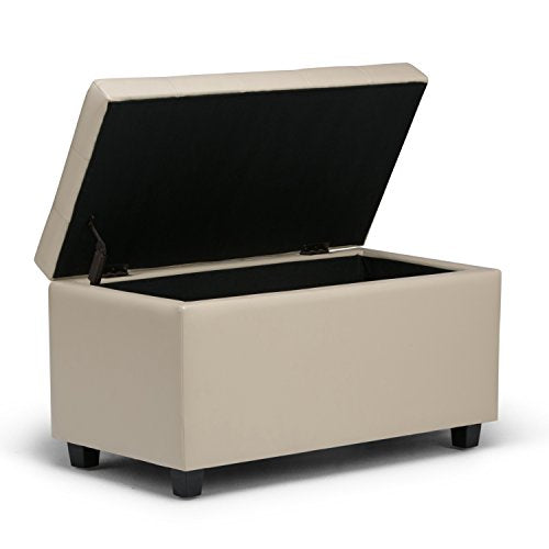 SIMPLIHOME Cosmopolitan Storage Ottoman - 34 inch Wide Upholstered Vegan Leather Rectangle Storage Ottoman Bench in Satin Cream, Transitional Tufted Ottoman for Living Room with Lift-Up Lid - color: Satin Cream