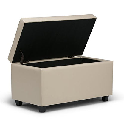 SIMPLIHOME Cosmopolitan Storage Ottoman - 34 inch Wide Upholstered Vegan Leather Rectangle Storage Ottoman Bench in Satin Cream, Transitional Tufted Ottoman for Living Room with Lift-Up Lid - color: Satin Cream