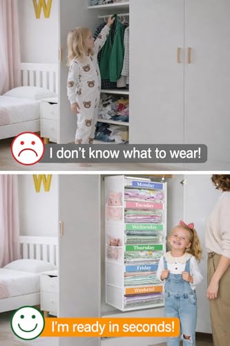 punemi Weekly Clothes Organizer for Kids, 6-Shelf Hanging Closet Storage with Side Pockets, Days of The Week Design, 11.8" x 11.8" x 37.8", Perfect for Organizing a Week's Worth of Kids' Clothing