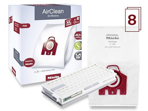 Miele Genuine FJM HyClean Air Vacuum Bags for Miele Compact C1 & Compact C2 Vacuum Cleaners, Allergy XL Pack of 8 Vacuum Bags and 1 HEPA AirClean Filter