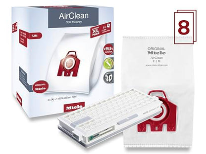 Miele Genuine FJM HyClean Air Vacuum Bags for Miele Compact C1 & Compact C2 Vacuum Cleaners, Allergy XL Pack of 8 Vacuum Bags and 1 HEPA AirClean Filter