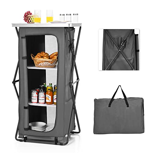 Goplus Folding Camping Storage Cabinet, Pop Up Outdoor Camping Kitchen Station with Large 3-Tier Storage Organizer, Carry Bag, Easy Set Up Portable Compact Camping Table for BBQ Picnic Backyard (47'') - size: 47''