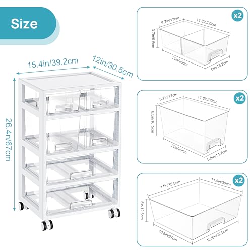 Vtopmart Plastic Drawer Storage Orangizer, 4 Tier 6 Drawers with Wheels for Office Supplies, Art Crafts, Under Desk Storage for Office, Bathroom, Dresser, 1 Pack/Clear - style: 4 Tier 6 Drawers