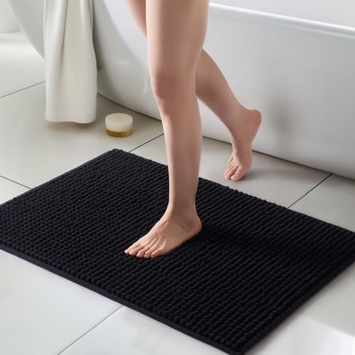 FRESHMINT Thick Chunky Chenille Bathroom Rugs 24"x36", Non Slip Bath Mat for Bathroom Floor, Large Soft Bathroom Decor Accessories, Cute Shower Mat Water Absorbent, Washable, Black - color: Black, size: 36" x 24"