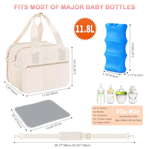PIIOSER Breastmilk Cooler Bag with Ice Pack, Fits 6 Baby Bottles Up to 9 Ounce, Insulated Bottle Travel Bags with Shoulder Strap-Wearable Breast Pump Carrying Case for Nursing & Working Moms - color: Cream