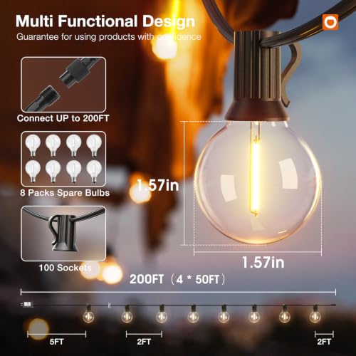 addlon 200FT Outdoor String Lights G40 with Remote Control Dimmable Patio Globe LED 108 Bulbs Waterproof Shatterproof, Hanging Outside Lighting for Backyard Garden, Deck, Balcony, Porch, Café, Bristo - size: 200FT(100 Sockets)