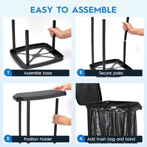 Portable Trash Bag Holder Collapsible Garbage Bin with Lid and Bands, Expandable Indoor Outdoor Trash Can Holder Stand for RV Camping Kitchen, Black