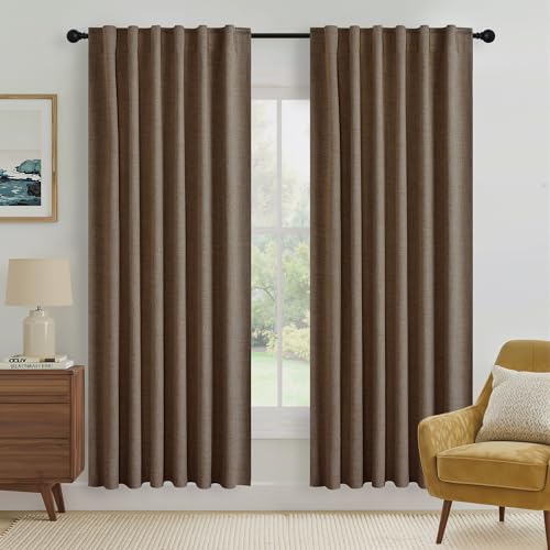 RYB HOME Brown 100% Blackout Linen Curtains 72 inch Long, Thermal Insulated & Privacy Assurd Drapes for Bedroom/Office/Nursery, Rod Pocket & Back Tab Window Treatment, W52 X L72, 2 Panels - color: Brown, size: 52"W x 72"L (Pack of 2)