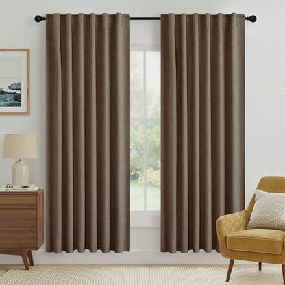 RYB HOME Brown 100% Blackout Linen Curtains 72 inch Long, Thermal Insulated & Privacy Assurd Drapes for Bedroom/Office/Nursery, Rod Pocket & Back Tab Window Treatment, W52 X L72, 2 Panels - color: Brown, size: 52"W x 72"L (Pack of 2)