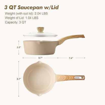 SENSARTE Ceramic Nonstick Sauce Pan with Lid, 3.0 Quart Saucepan with Double Spout, Large Cooking Pot, Non toxic Kitchen Sauce Pot, Non stick Saucier Pan, Induction Cookware, PFOA PTFE PFAS Free - color: Ceramic Taupe, size: 3.0 Quarts