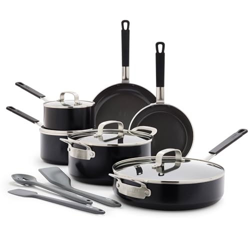 GreenPan x Bobby Flay 13 Piece Nonstick Cookware Pots and Pans Set, PFAS-Free Diamond Ceramic, Induction Suitable, Easy Clean Dishwasher & Oven Safe, Stay-Cool Silicone Handles, Glass Lids, Black - color: Black