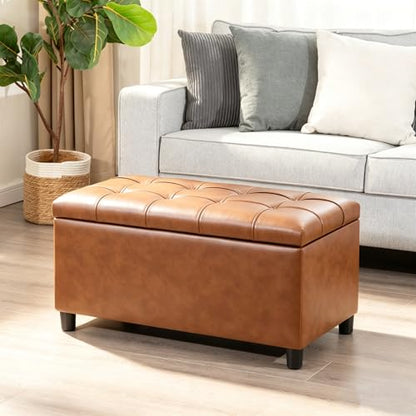 Asense Storage Ottoman Bench,Faux Leather Upholstered Ottoman with Storage,End of Bed Bench with Safety Hinge,for Entryway,Bedroom,Living Room - color: 32" Cognac Brown Faux Leather