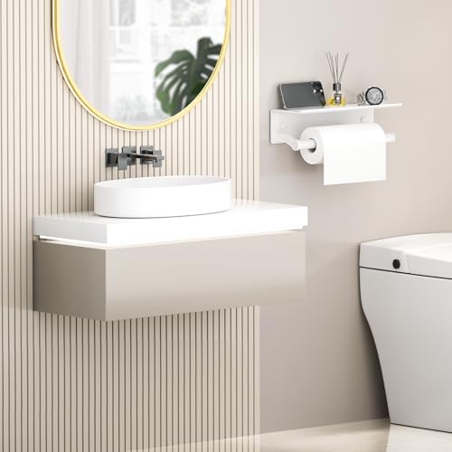 White Paper Towel Holder Wall Mount with Shelf for Bathroom, Matte White Adhesive Hand Towel Holder for Bathroom Kitchen RV - color: White General