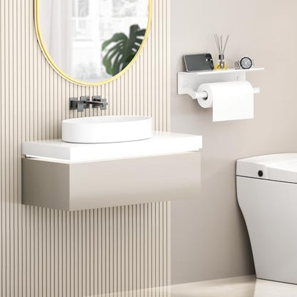 White Paper Towel Holder Wall Mount with Shelf for Bathroom, Matte White Adhesive Hand Towel Holder for Bathroom Kitchen RV - color: White General