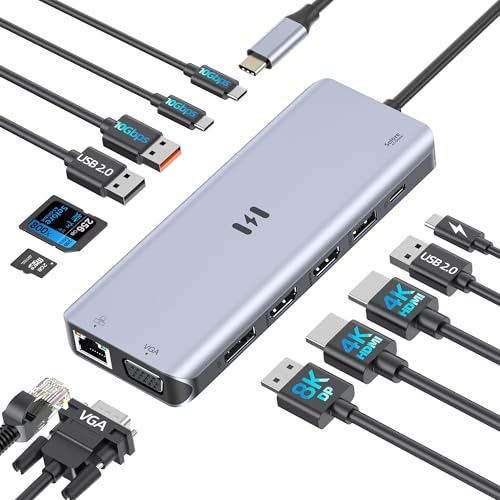 USB C Docking Station 4 Monitors,13 in 1 Laptop Docking Station 3 Monitors with Dual HDMI,8K DP,VGA,10Gbps USB A/C Data Transfer, PD Charging,USB C Hub Multiport Adapter for Windows/macOS Laptop - color: Light Gray