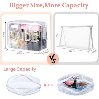 Etercycle Bride Clear Makeup Bag, Bridal Shower Gifts Engagement Cosmetic Bag, Bling Pearl Rhinestone Letter Patches Waterproof PVC Travel Organizer for Women Wedding Bachelorette Party (Gold) - color: Gold, style: Bride