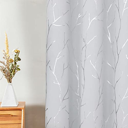 BUHUA White Blackout Curtains, Silver Curtains, Grommet Top Bedroom Curtains 2 Panel Sets, Elegant Silver Tree Branches Print Window Treament for Livingroom 38W x 84L, Greyish White - color: Greyish White, size: 38"W x 84"L (Pack of 2)
