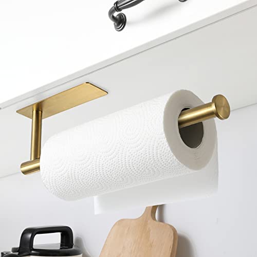 theaoo Paper Towel Holder - Under Cabinet Paper Towel Holder for Kitchen, Adhesive Paper Towel Roll Rack for Bathroom Towel, Wall Mounted Paper Towel Rack, SUS304 Stainless Steel(1, Gold) - color: Gold