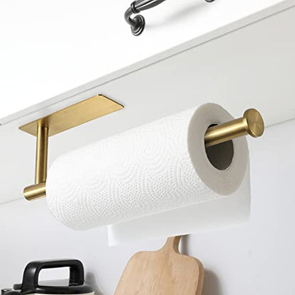 theaoo Paper Towel Holder - Under Cabinet Paper Towel Holder for Kitchen, Adhesive Paper Towel Roll Rack for Bathroom Towel, Wall Mounted Paper Towel Rack, SUS304 Stainless Steel(1, Gold) - color: Gold