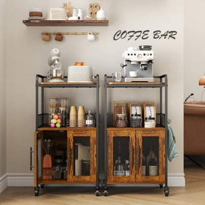 Hencawima Small Coffee Bar Cabinet with Storage, 3-Tier Rolling Coffee Bar Table, Farmhouse Coffee Cart Station with 2 Doors for Living Room, Dining Room, Rustic Brown - size: Small