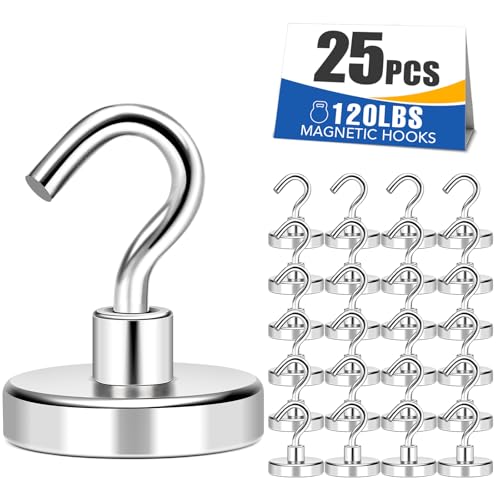 MIKEDE Magnetic Hooks 120Lbs Heavy Duty Earth Magnets with Hooks for Cruise Cabin Strong Magnet Hooks for Hanging Super Metal Magnetic Hanger for Grill Fridge Kitchen - Pack of 25 - color: Silver, size: 1.26×1.34 in